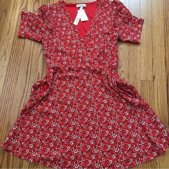 Speechless Boho Orange Floral V-neck short Puff Sleeve A-line Mini Dress - Picture 16 of 16